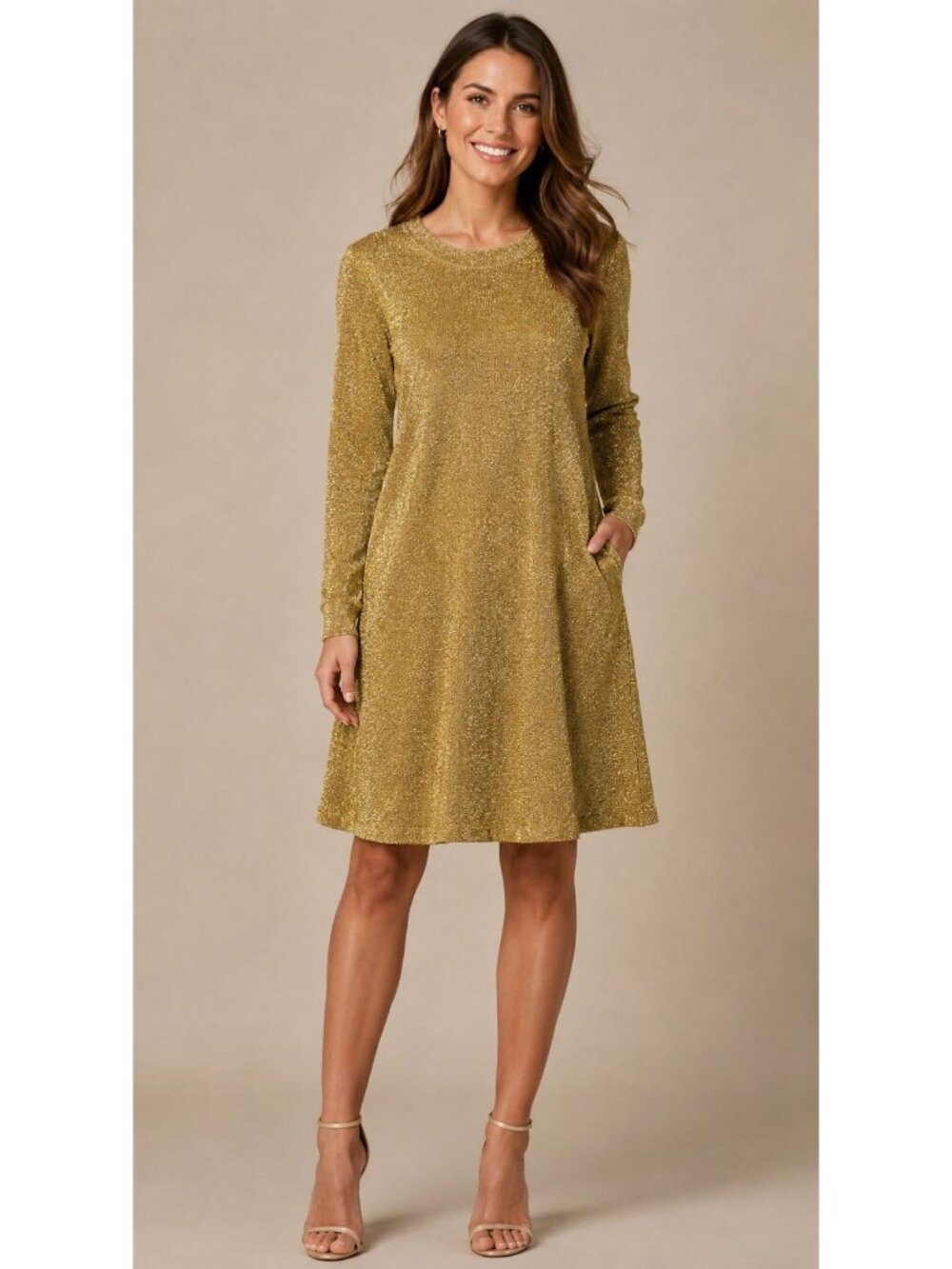 NWT Vintage $1200 Bill Blass Long Sleeve Knit Trapeze Metallic Dress Gold Size M